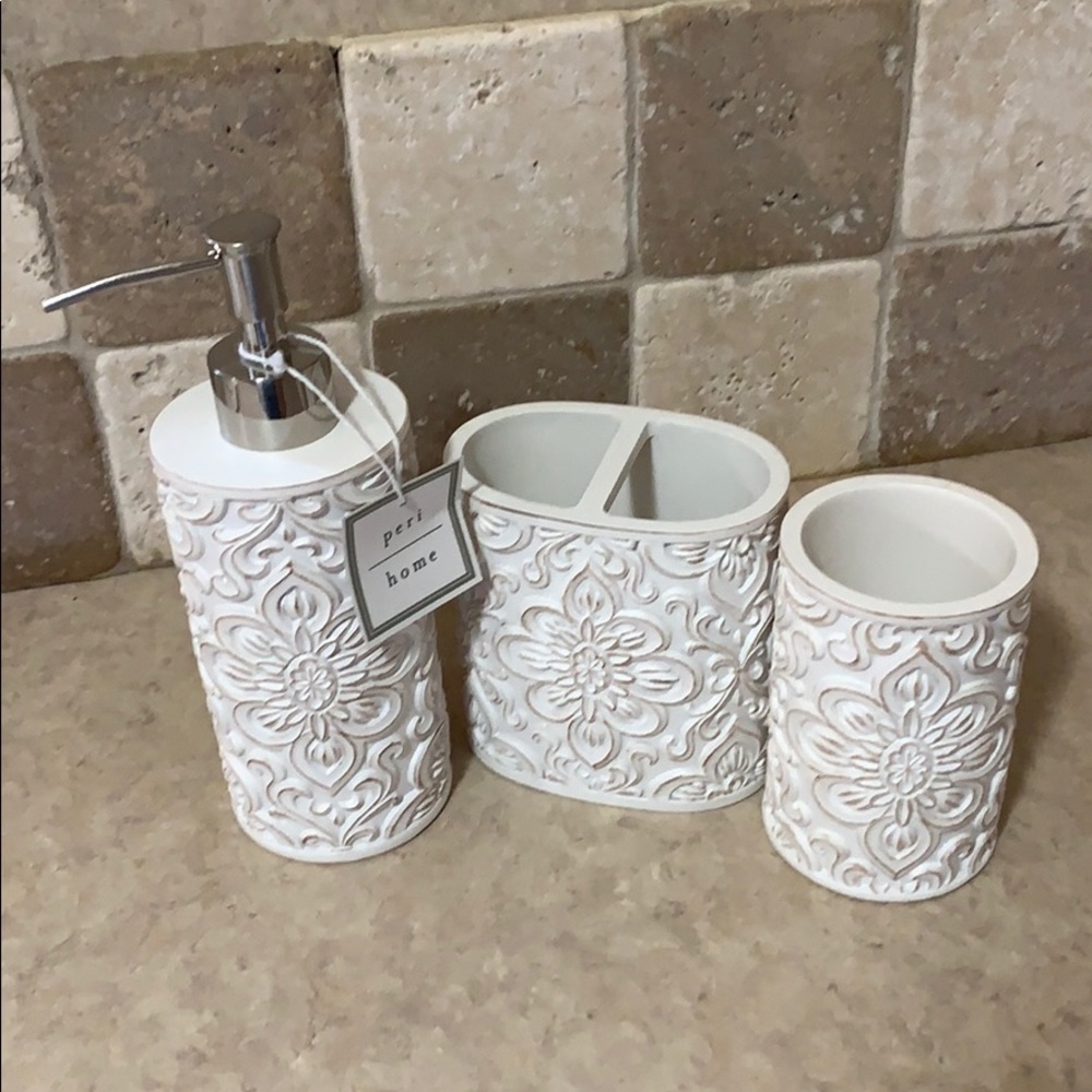 Bathroom counter setup: Includes all three items.